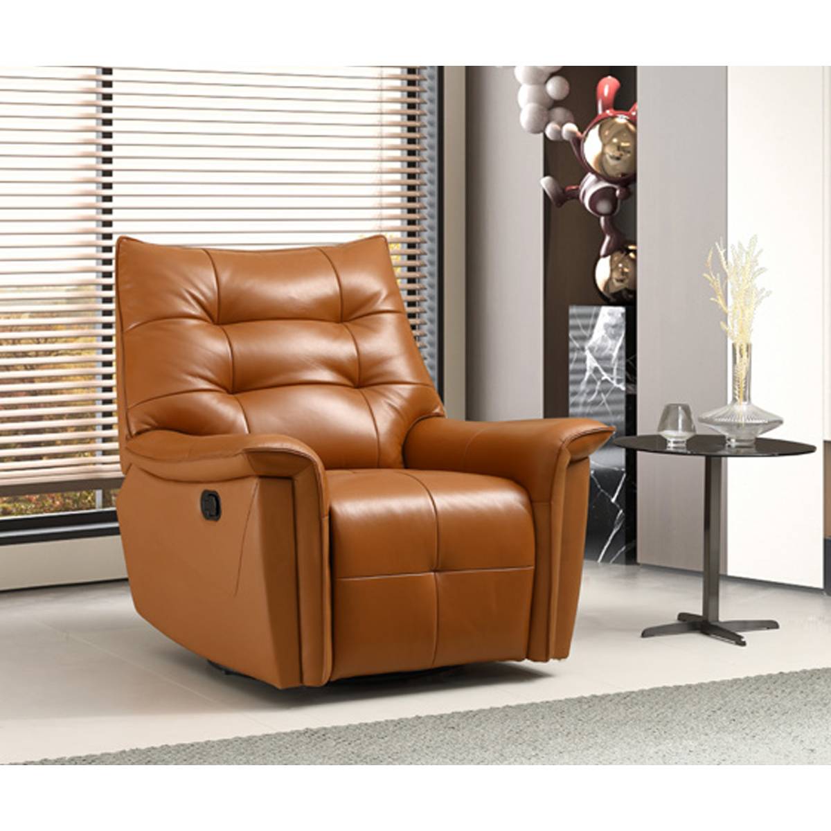 Side view of the brown leather recliner chair showing the manual control lever