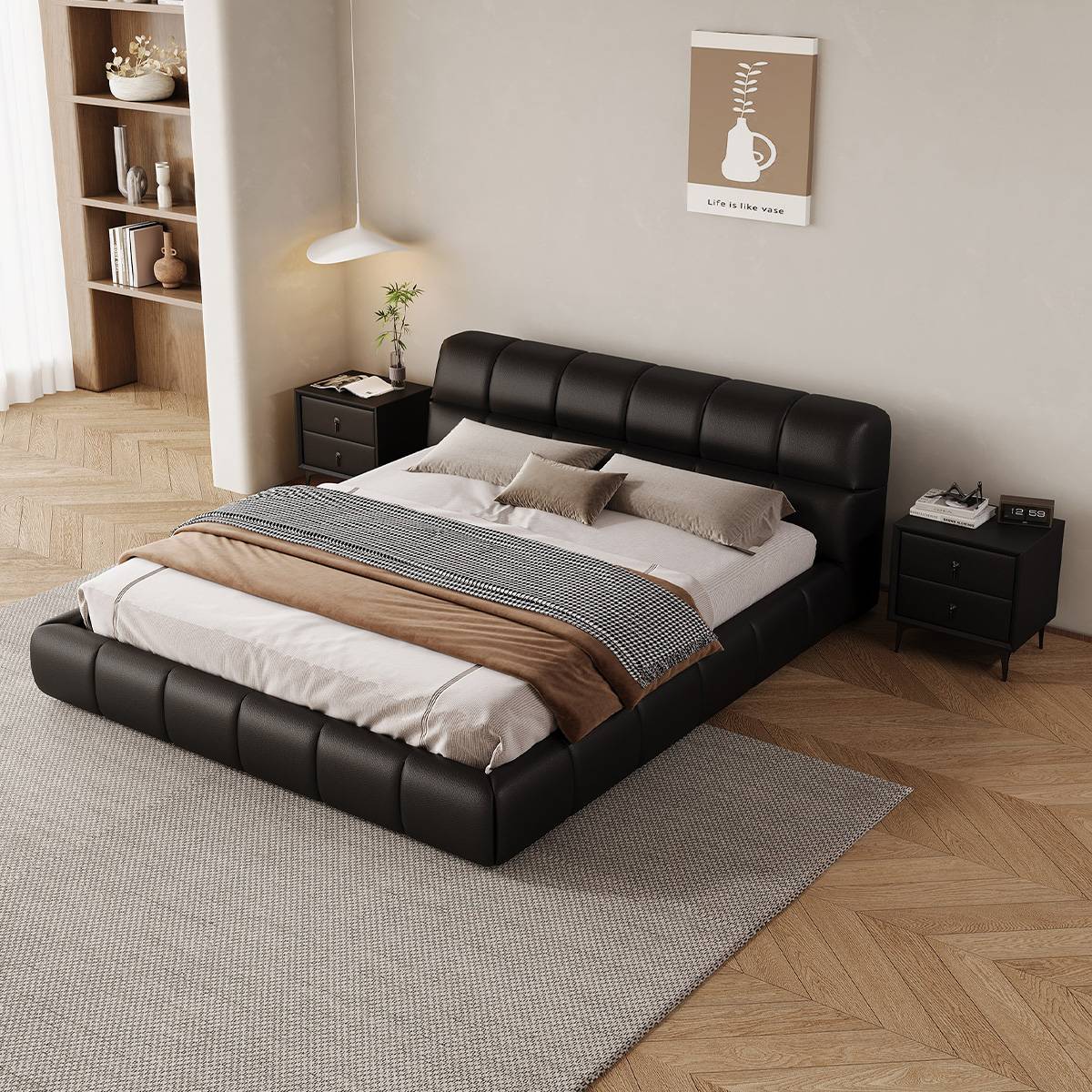High angle view of black eco-leather floating bed