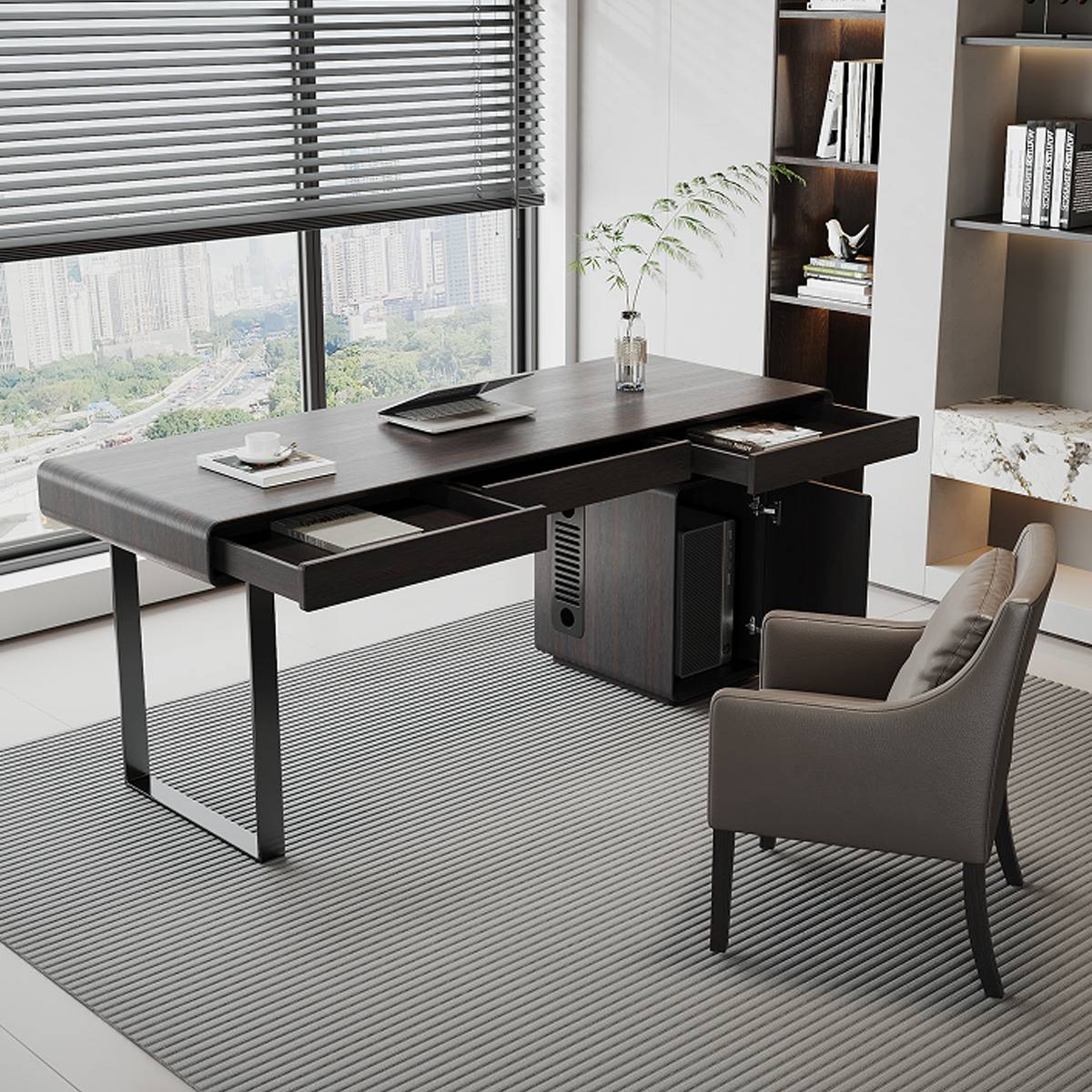 Desk with open drawers showing storage capacity and internal structure