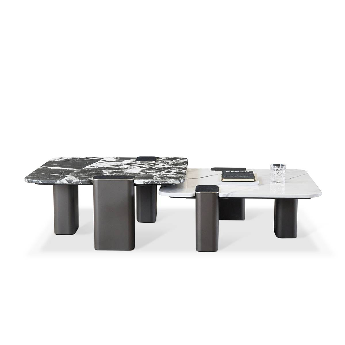 Front view of the marble coffee table showing the dual-tone top