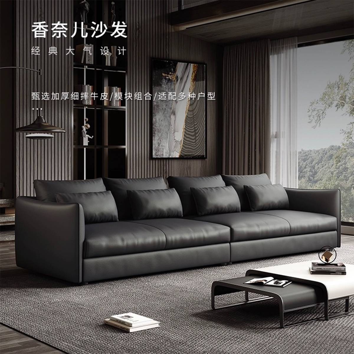 High angle view of the sofa with a round coffee table and rug
