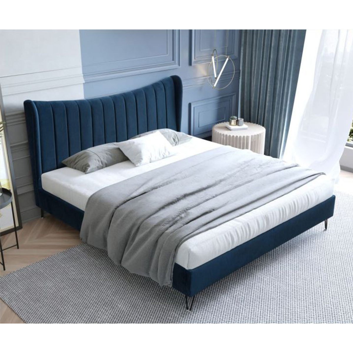 High angle view of the blue velvet bed in a bedroom setting