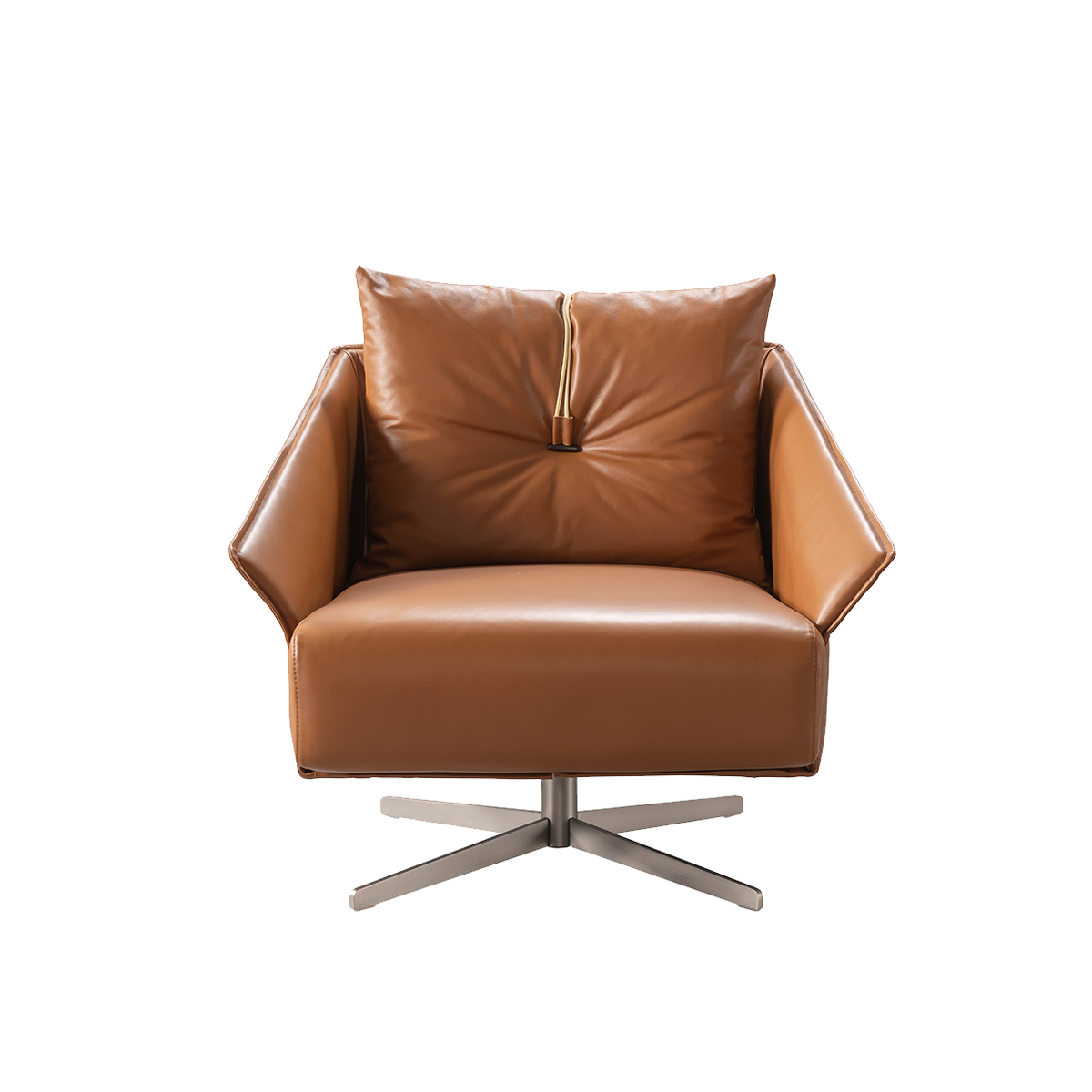 Front view of brown leather swivel lounge chair