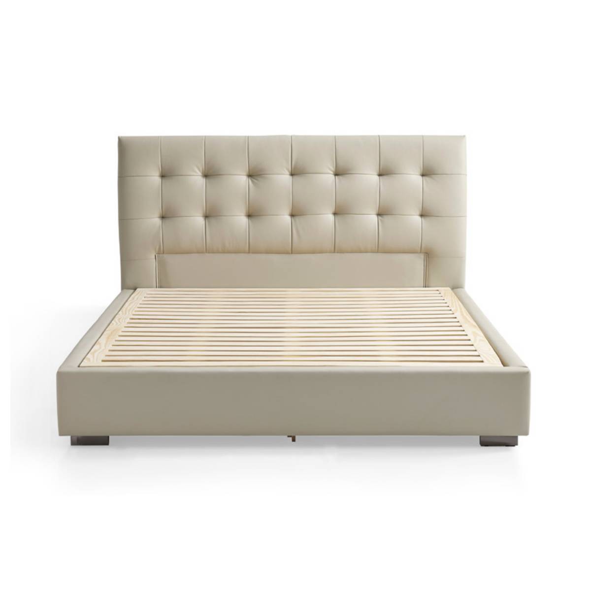 Front view of the upholstered bed frame showing the tufted headboard and wooden slat base