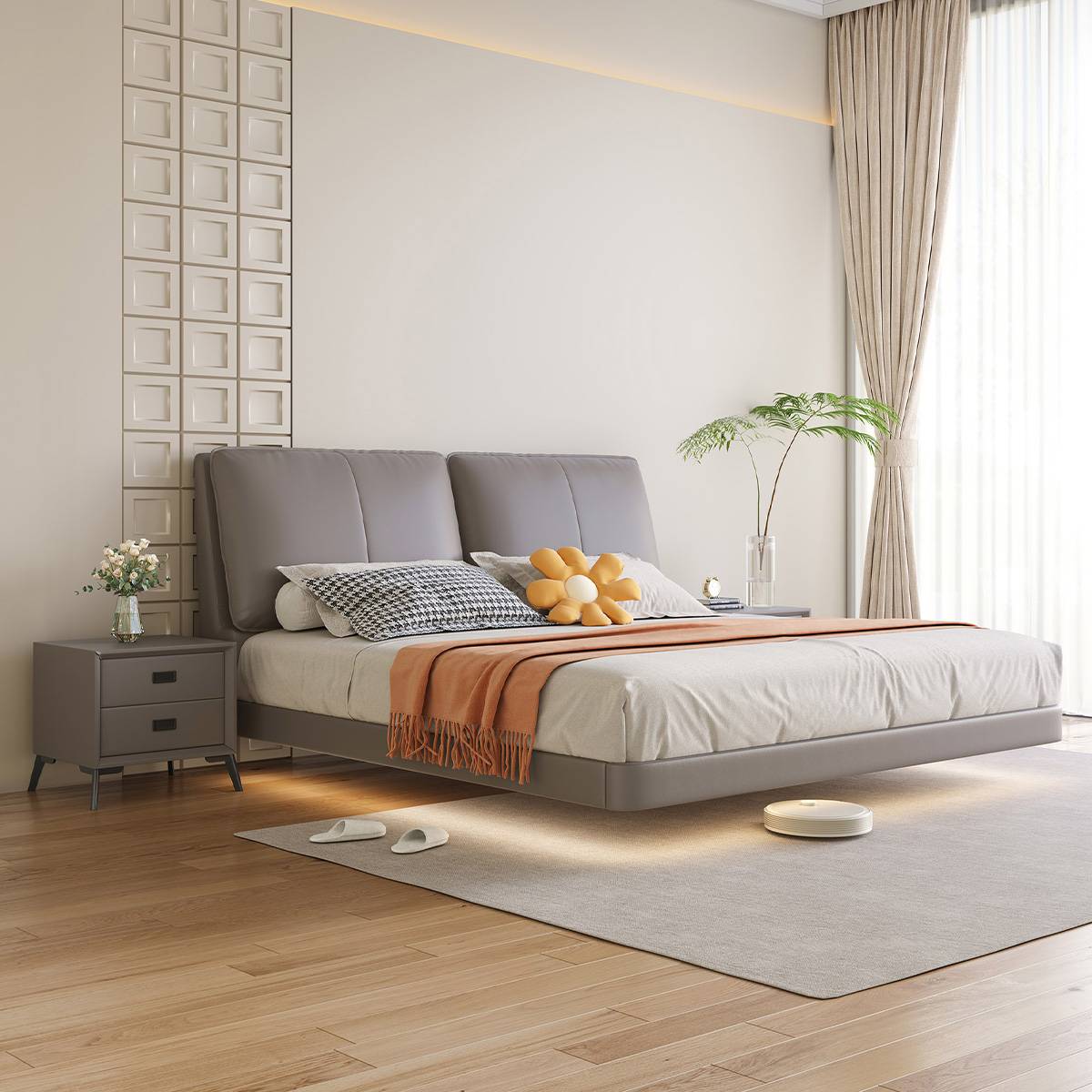 Grey floating bed fully made up with bedding and pillows in a modern bedroom setting