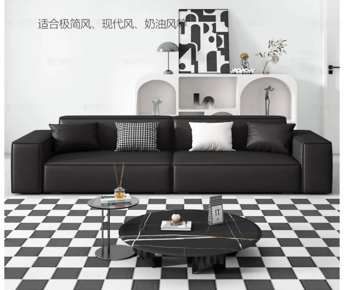 Marketing image of black sofa with text 'Suitable for minimalist, modern, cream styles etc.'
