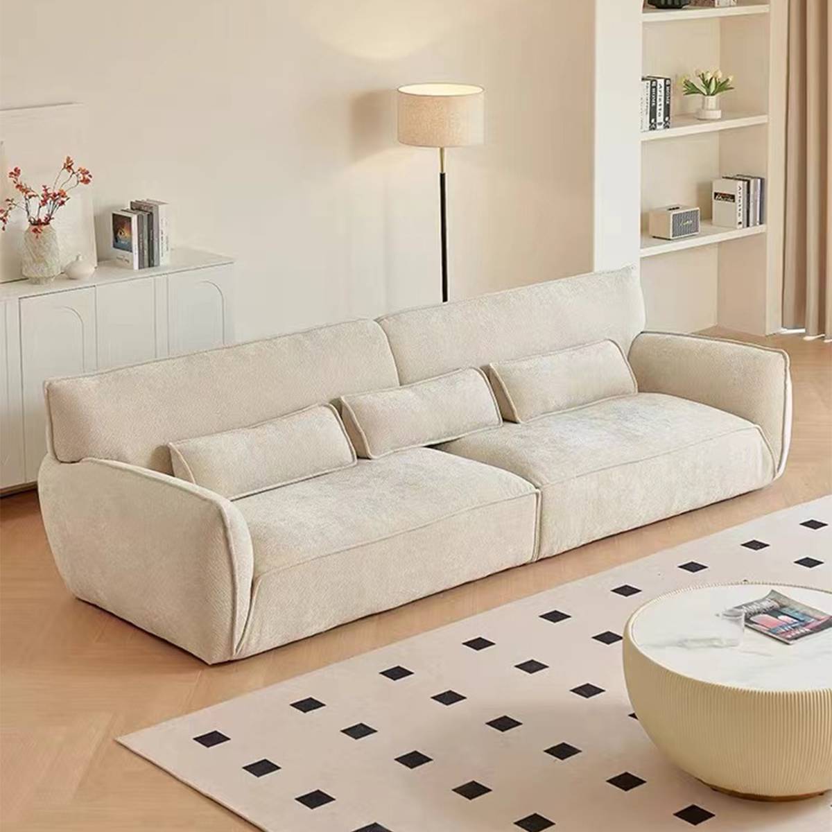 Beige fabric 4-seater straight sofa in a living room setting