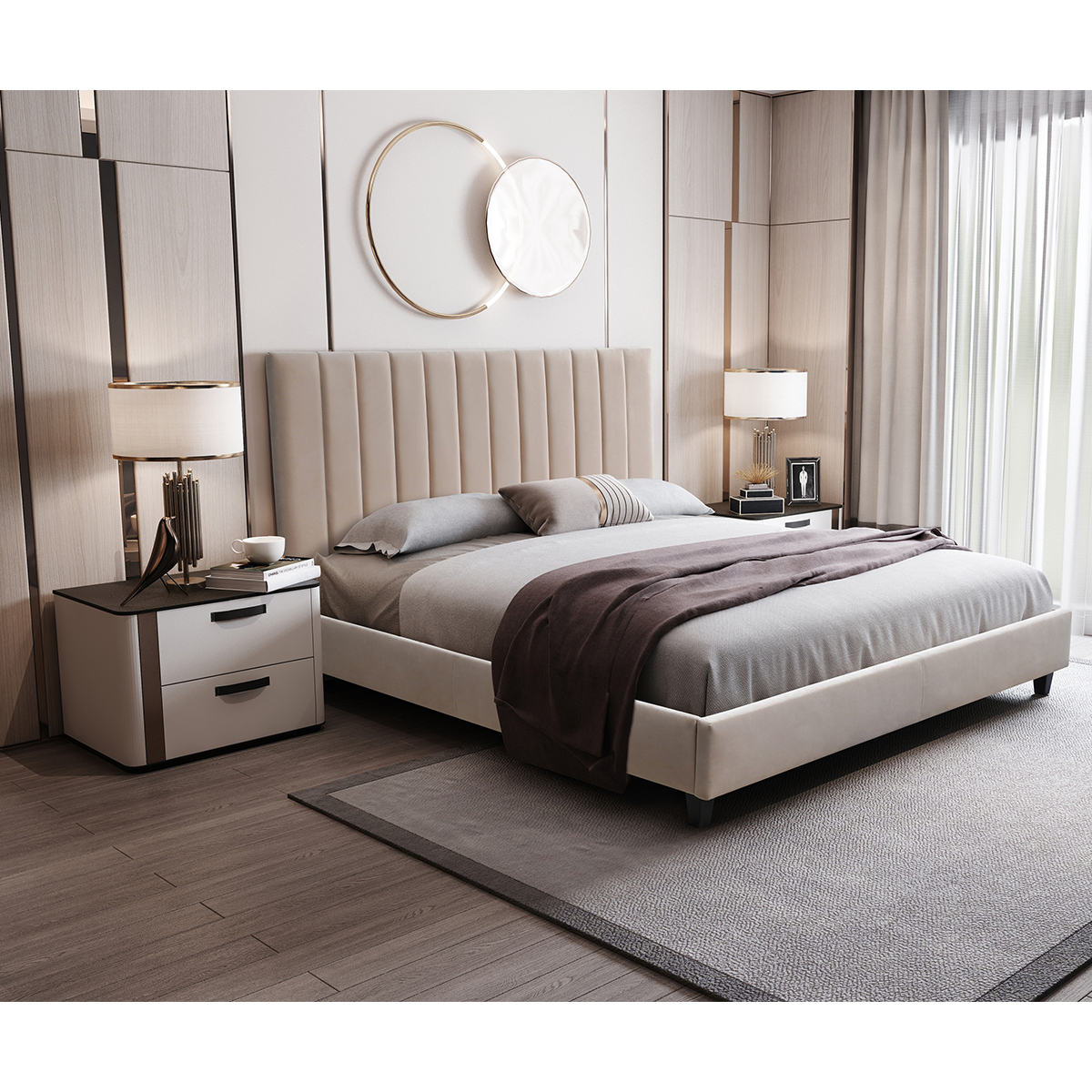 Side angle view of the upholstered bed showing the solid wood legs and bedside table.
