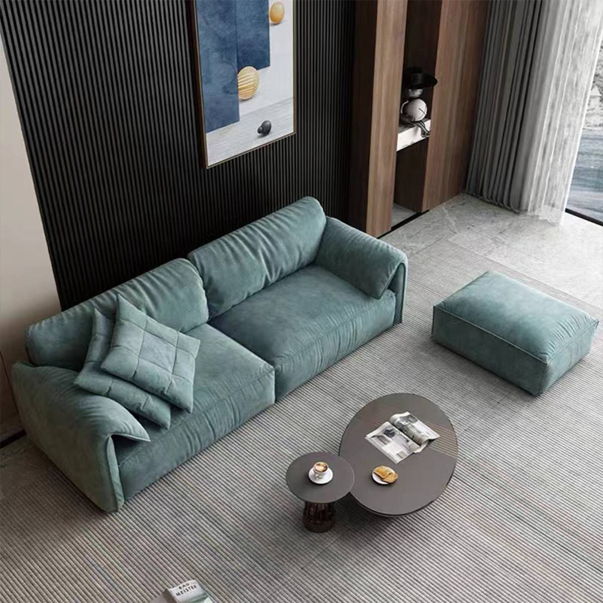 Green Elephant Ear sofa with matching ottoman