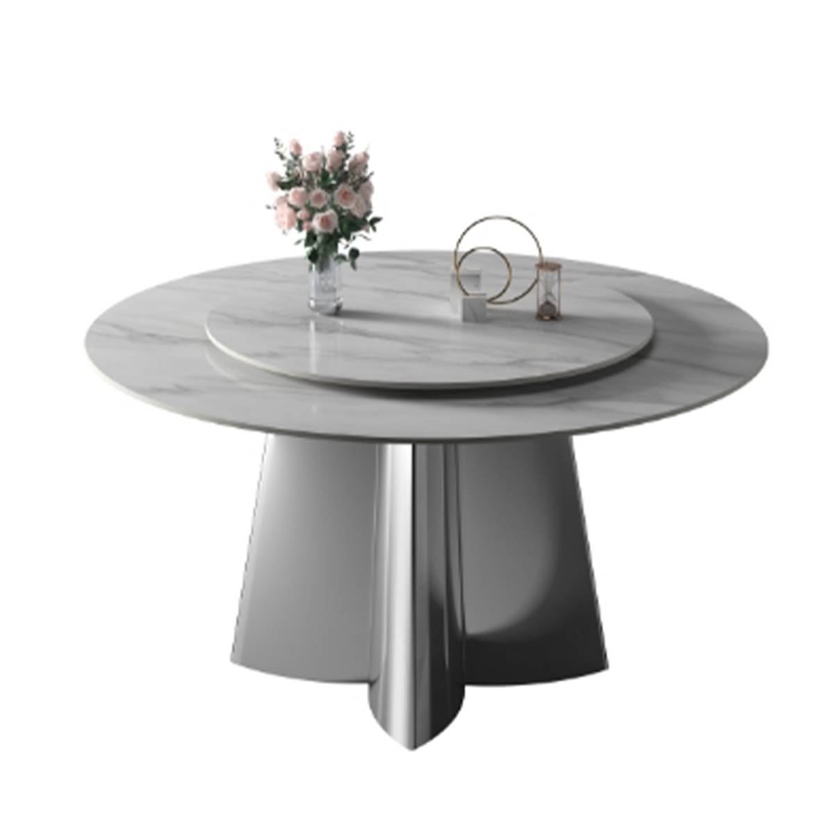 Close-up of the round dining table base and top against a white background