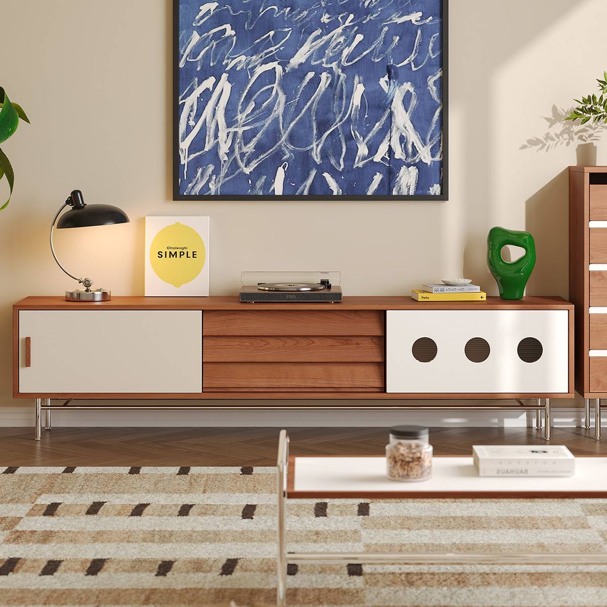 Bauhaus TV console with white sliding door and cherry wood finish