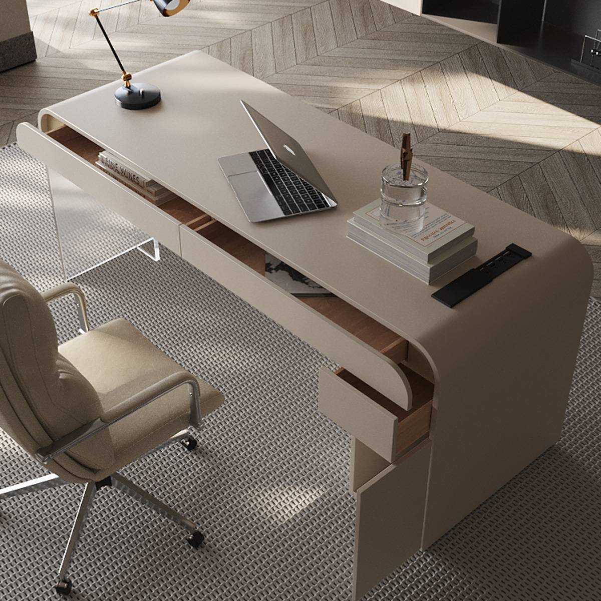 Top-down view showing the desk surface, open drawers, and accessories