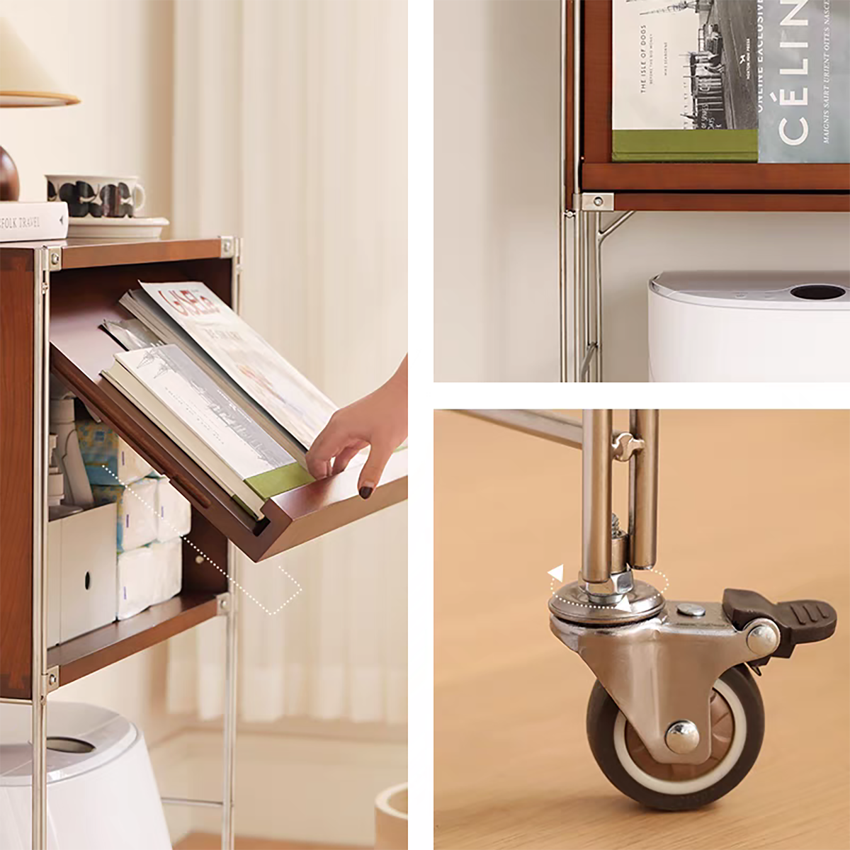 Detail shots showing the flip-door mechanism and caster wheels