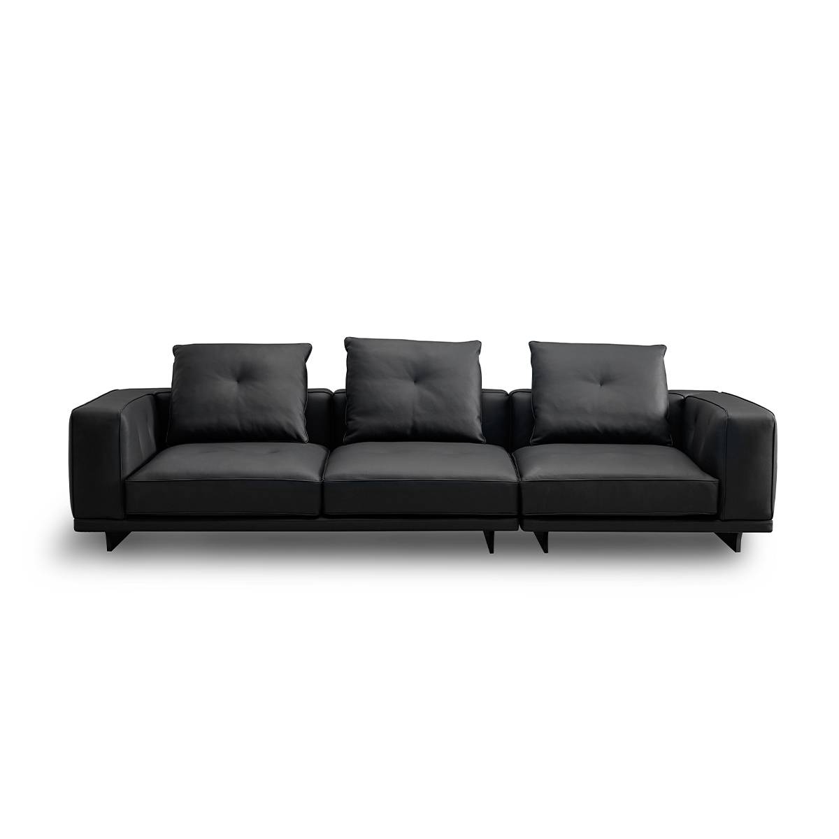 Front view of black split-seat sofa with stainless steel legs