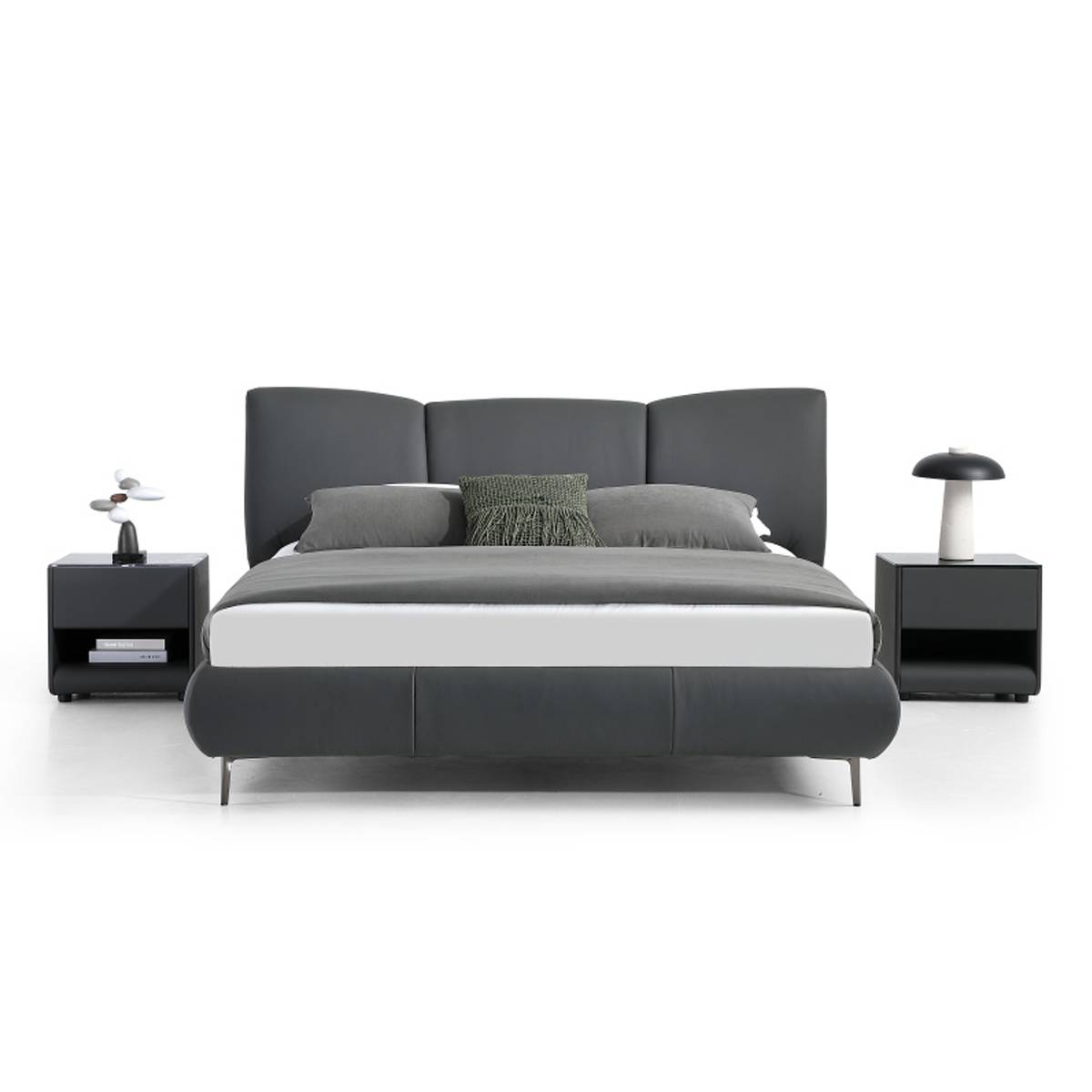 Front view of the grey leather bed showing the low-profile frame and metal legs
