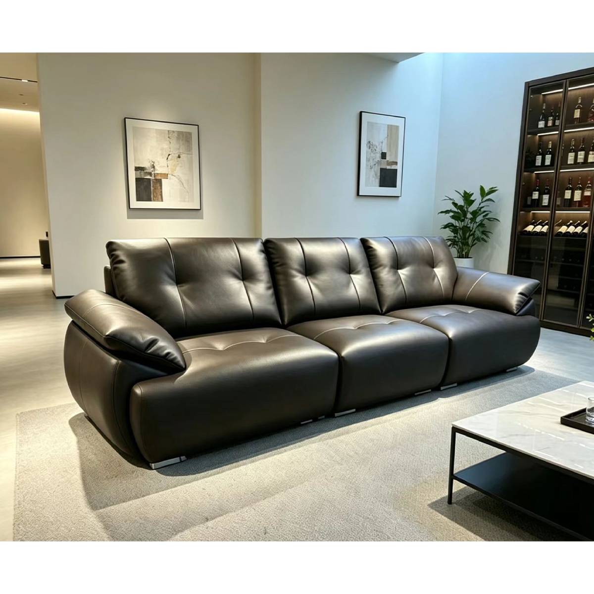 Dark brown eco-leather straight sofa in a showroom setting