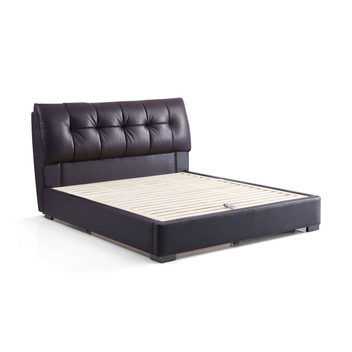 Side angle view of the leather bed frame