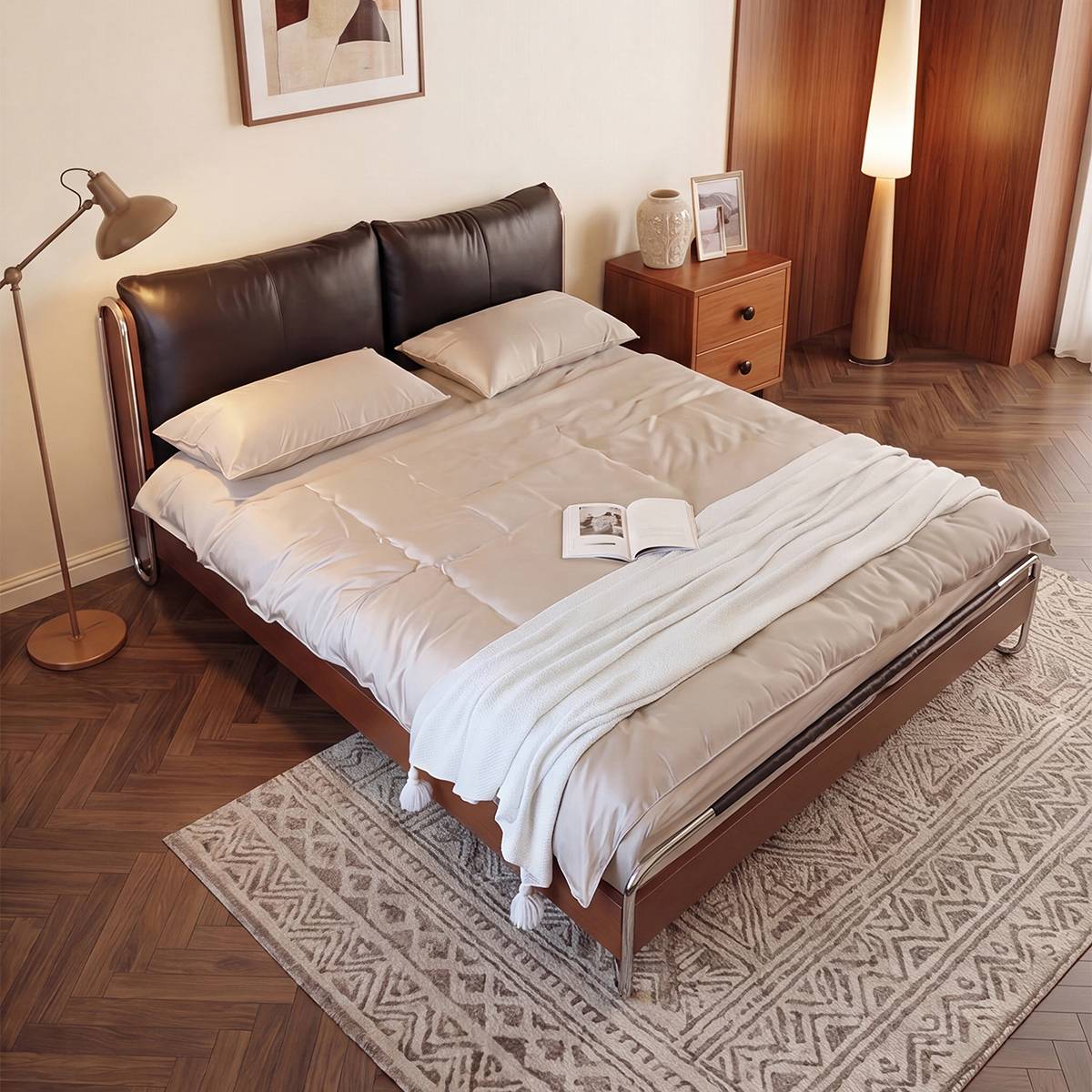 High angle view of the bed with white bedding and a book on top