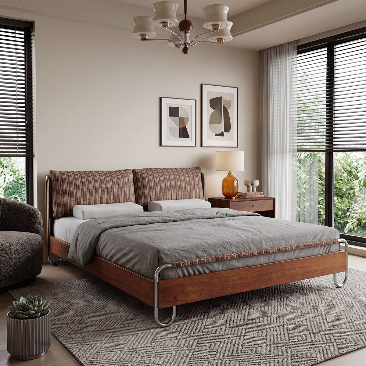 Bed with a brown striped fabric headboard variation in a bright room with large windows