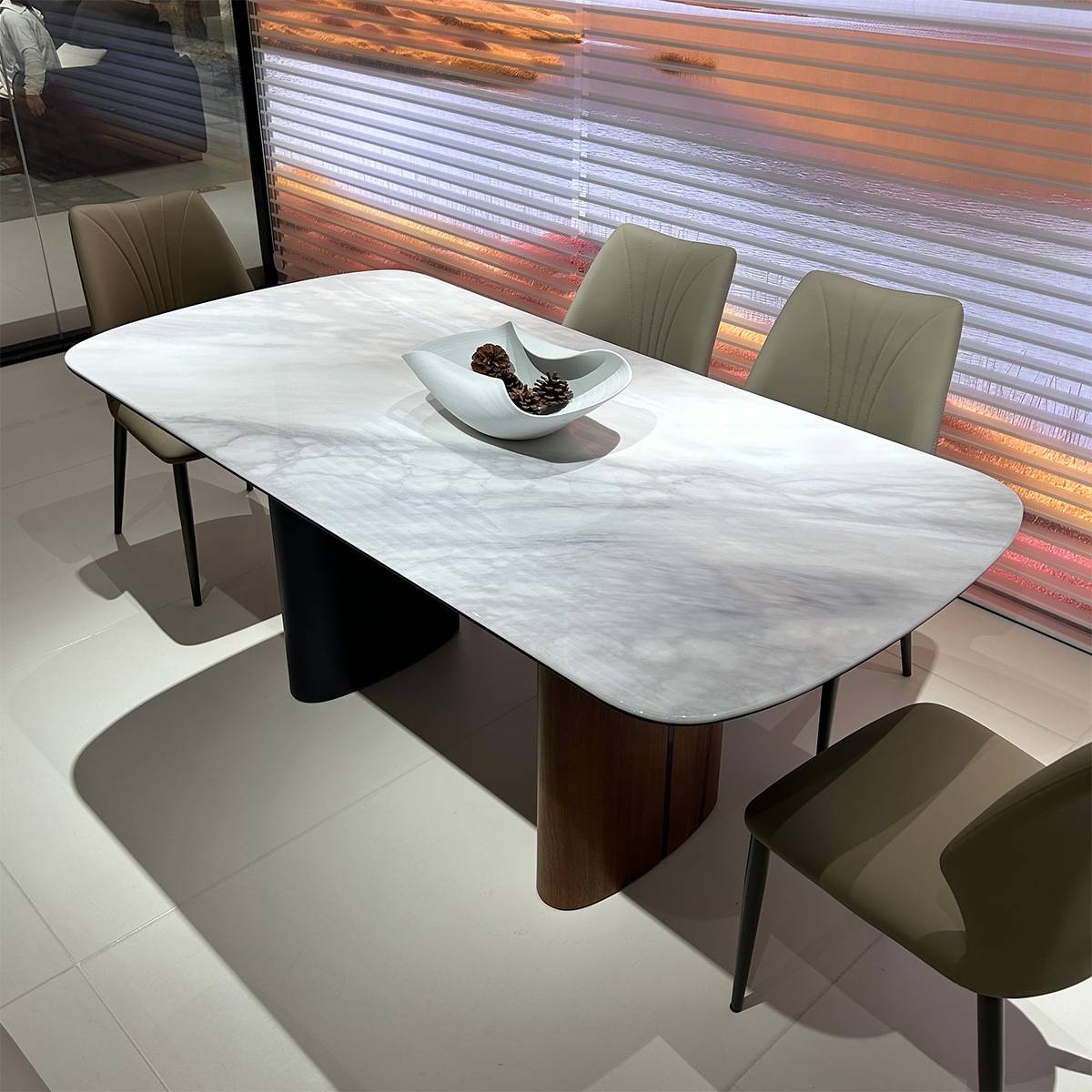 High angle view of the dining table surface and chairs