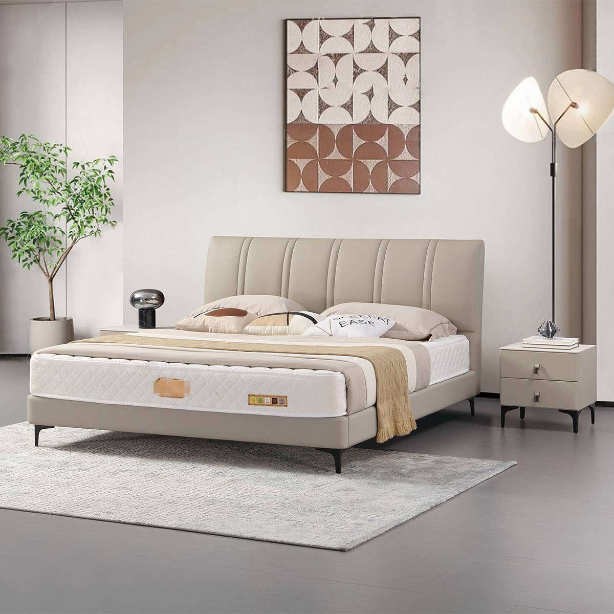 Full view of the beige leather bed in a modern bedroom setting