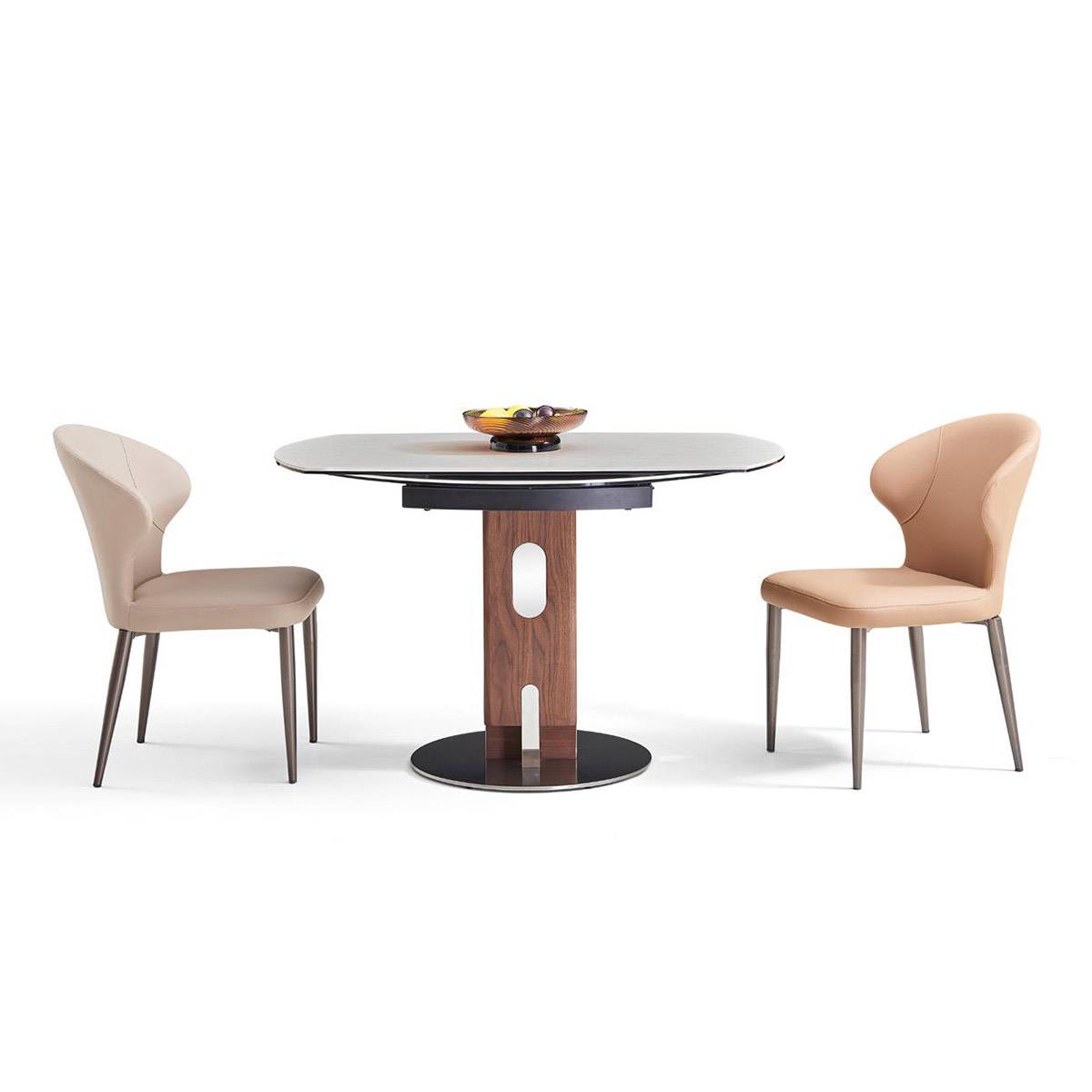 Front view of the dining table in its compact 75cm width configuration with two chairs.