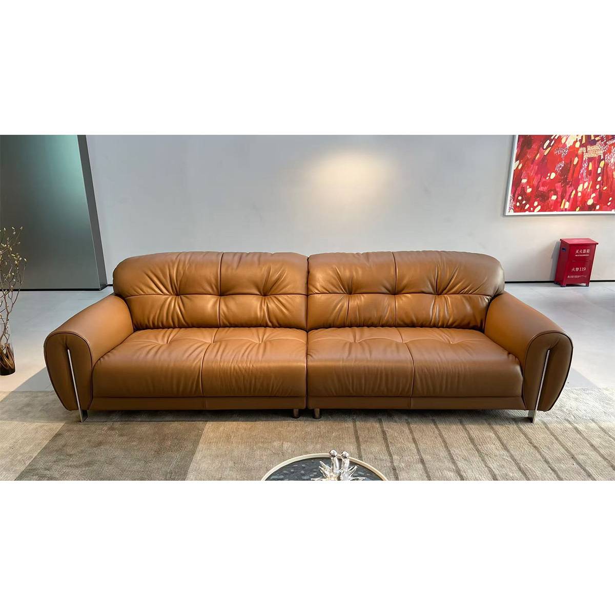 Front view of the brown leather straight sofa