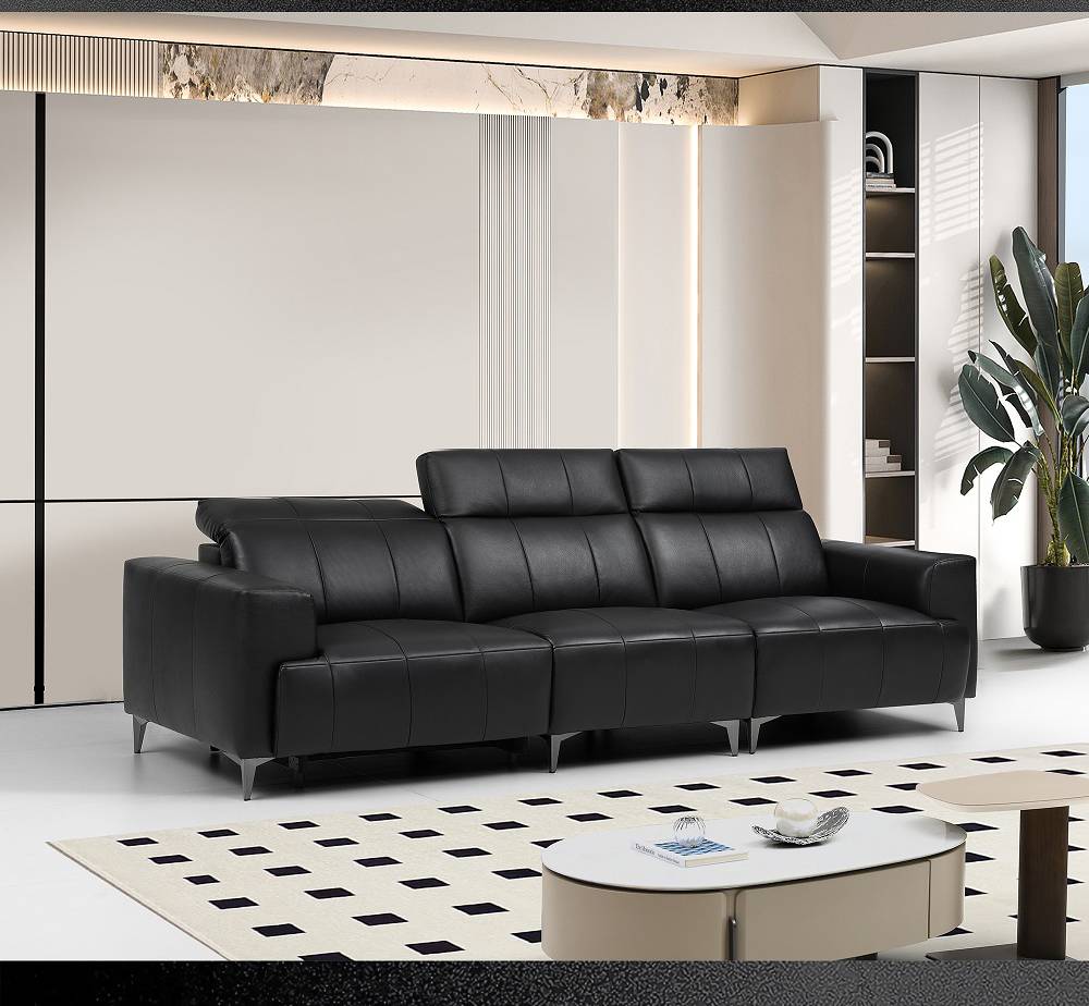 Side view of the black leather sofa highlighting the backrest design