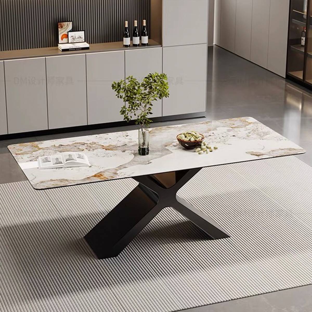 Side view of the dining table with a white sintered stone top and black X-shaped base