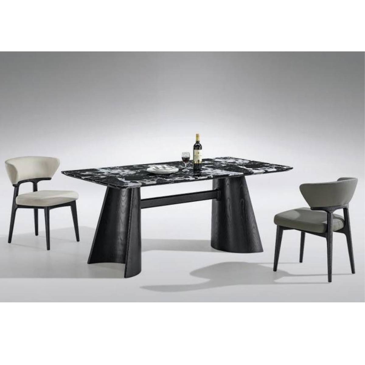 Full view of the marble dining table with two chairs