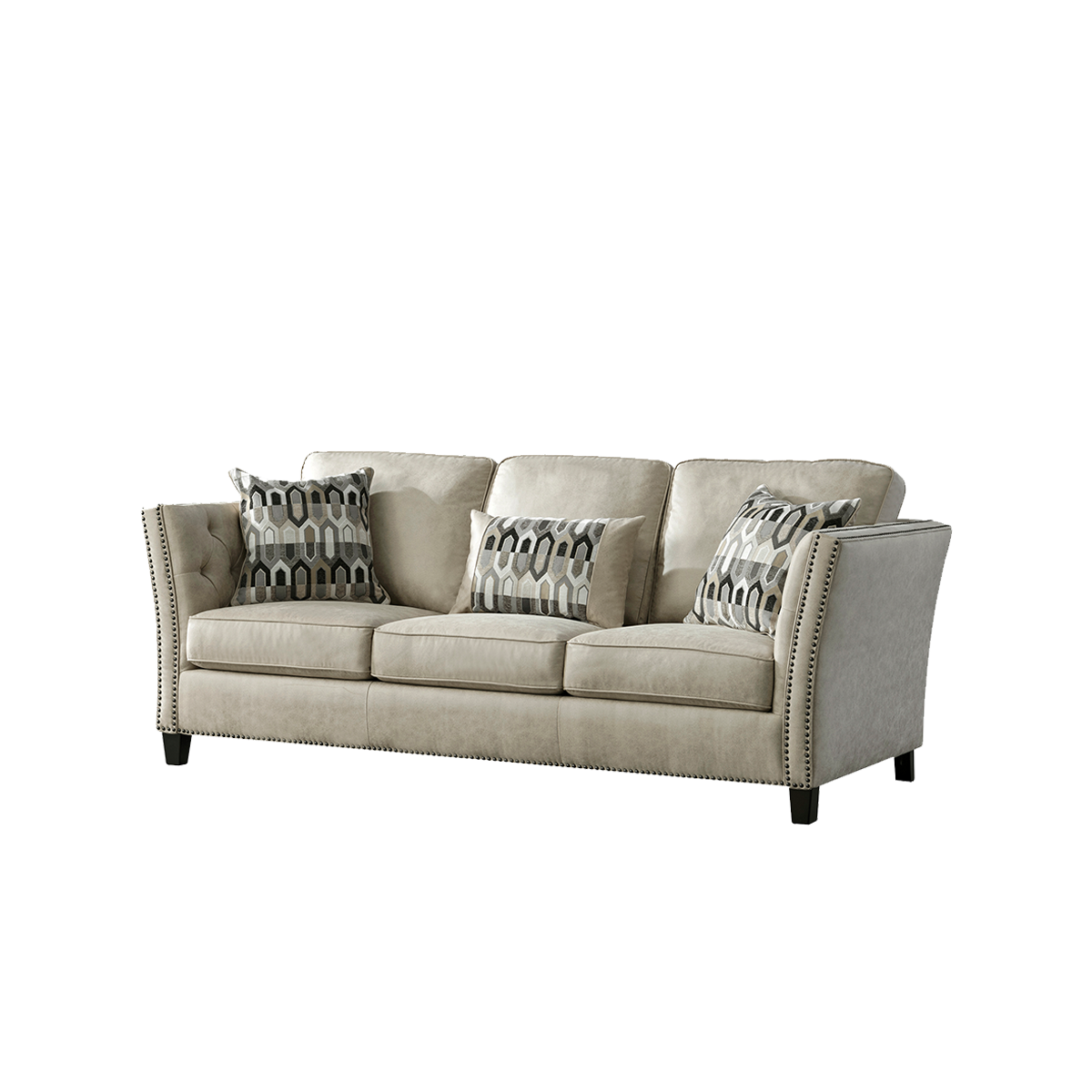 Angled view of the beige sofa showing the armrest and back cushions
