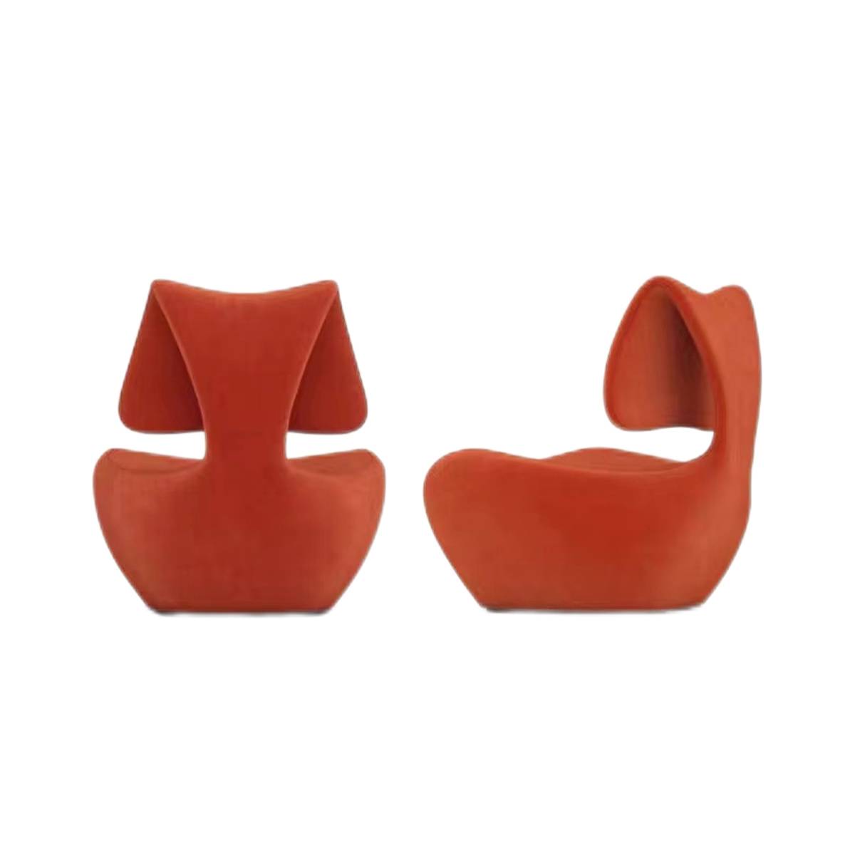 Two Bean Sprout Lounge Chairs in terracotta orange showing front and side profiles