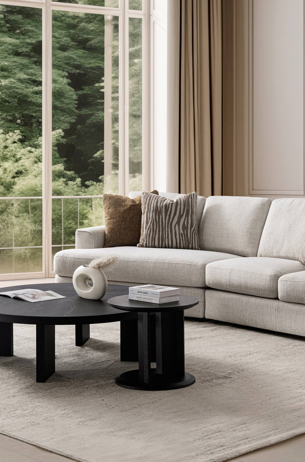 Victor Fabric Sofa in a living room setting with a coffee table and large window