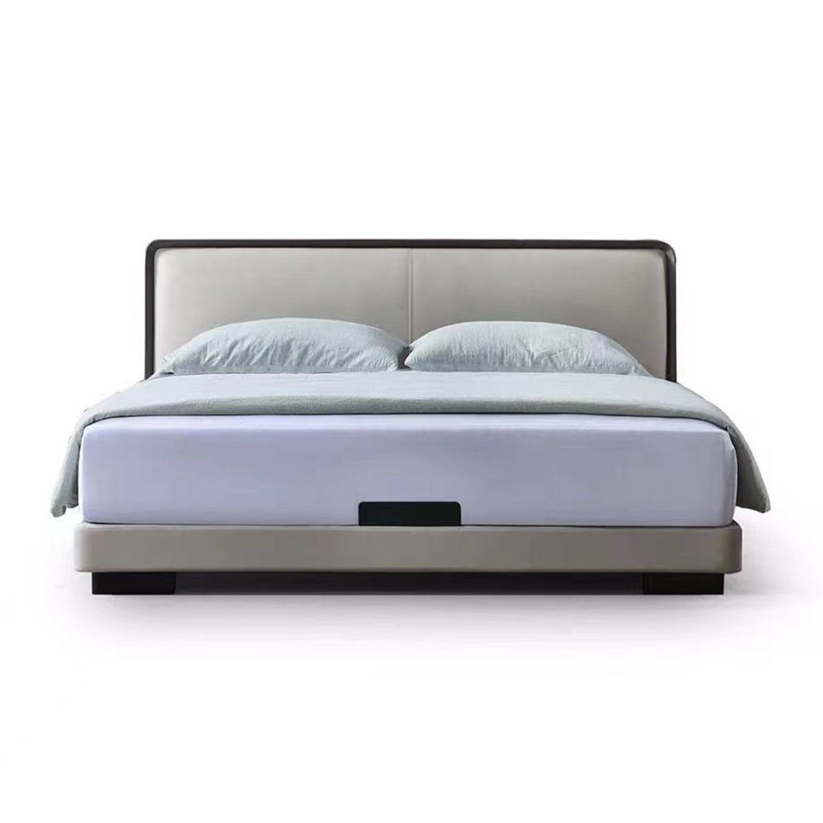 Front view of a grey Italian minimalist upholstered bed with light blue bedding