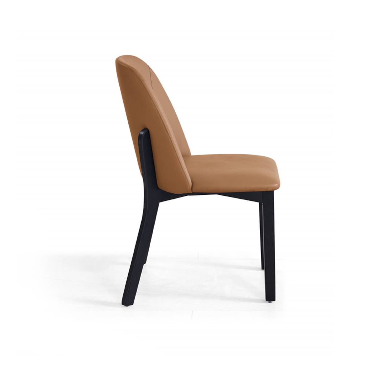 Side view of an orange modern dining chair with black oak legs