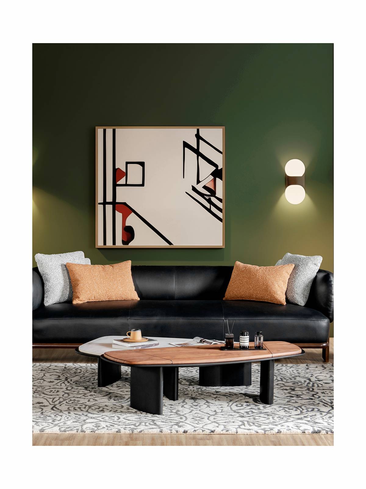 Full view of the coffee table in a living room setting with a black sofa