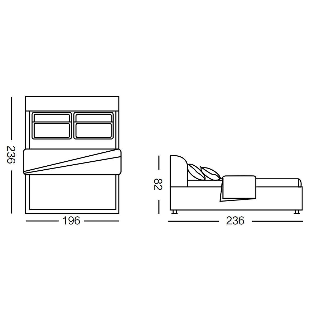 Technical line drawing showing bed dimensions and layout