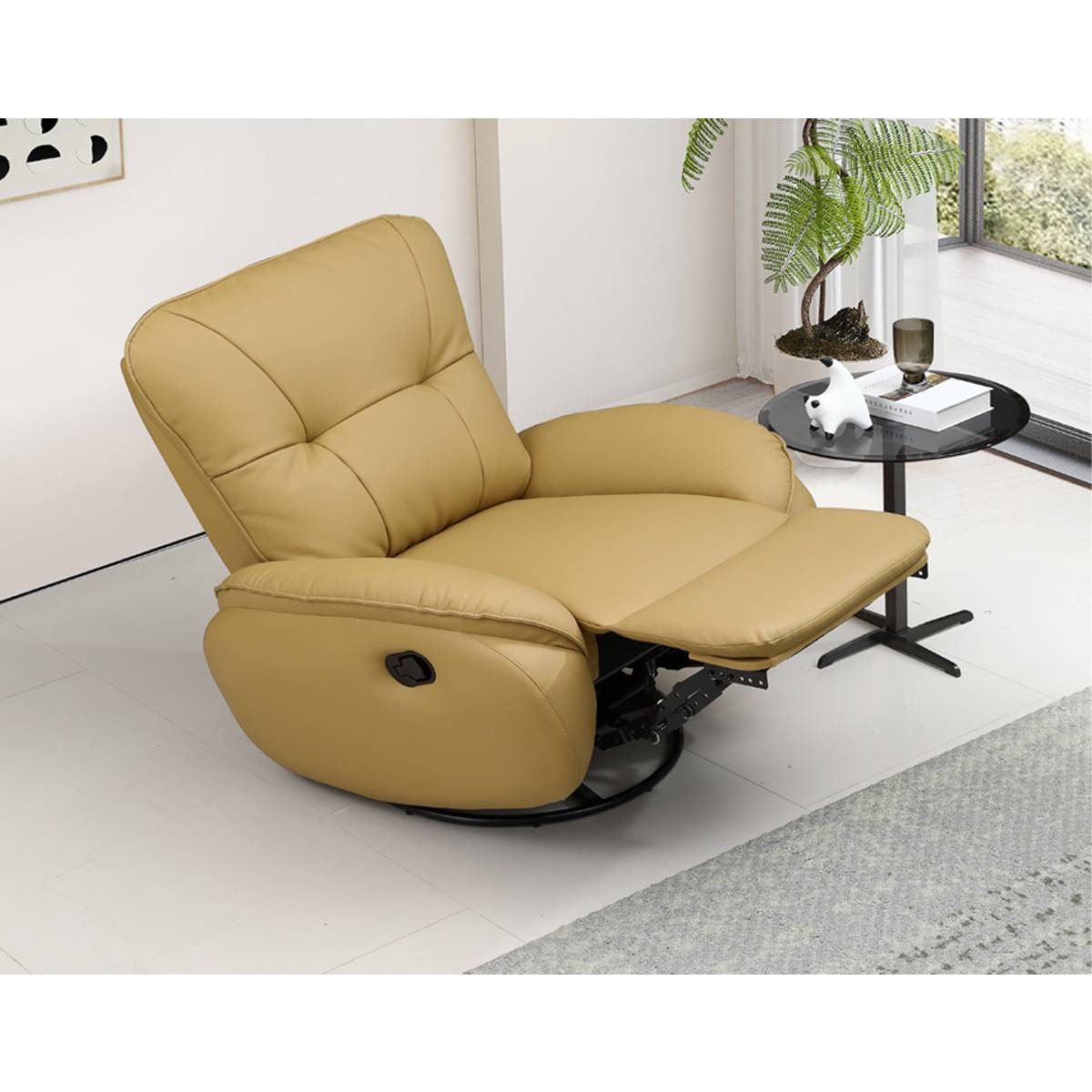 Side view of a beige recliner chair in the reclined position showing the footrest