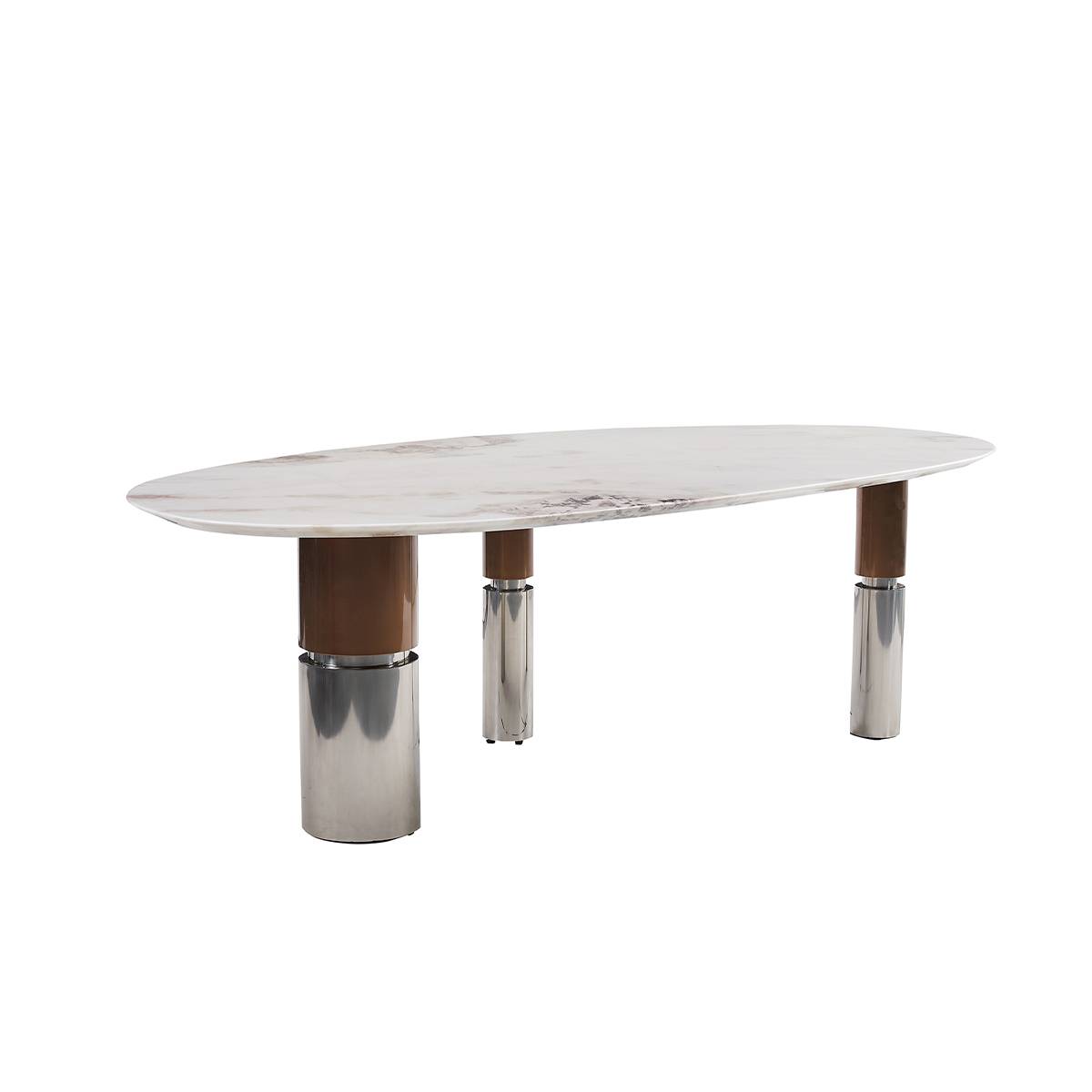 Side view of the Fendi White marble dining table showing the stainless steel base