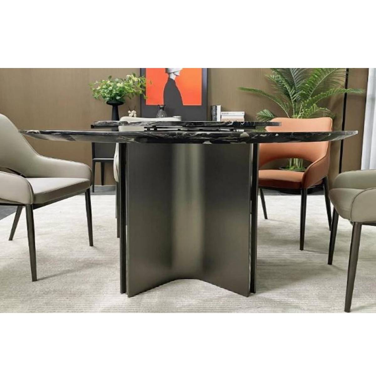 Side view of the dining table highlighting the grey stainless steel starfish base and table thickness