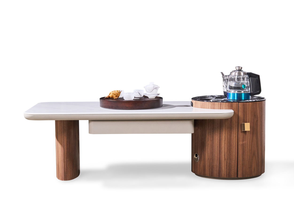 Front view of the tea table highlighting the storage compartment and the kettle unit.