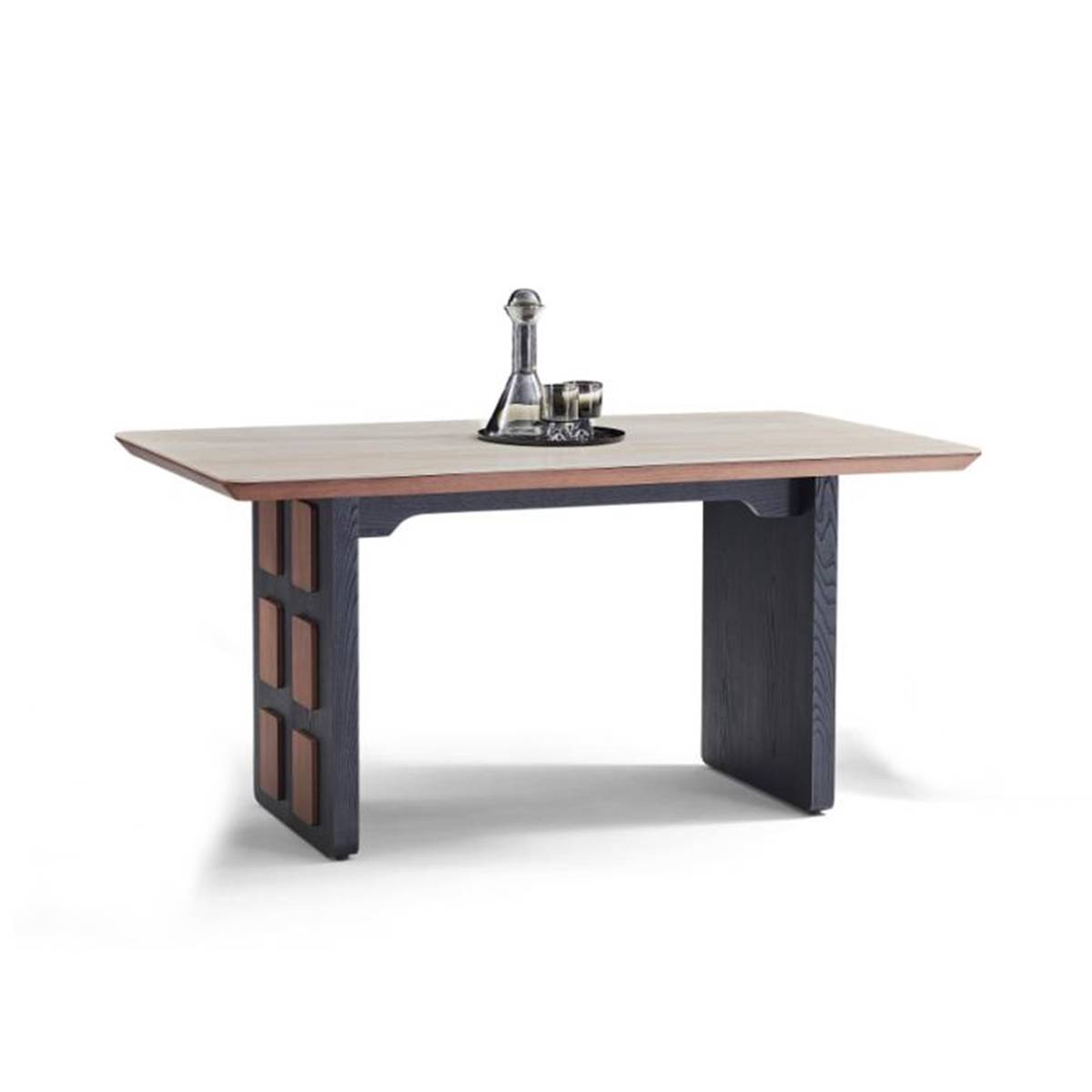 Side view of the dining table showing the leg structure and inlays