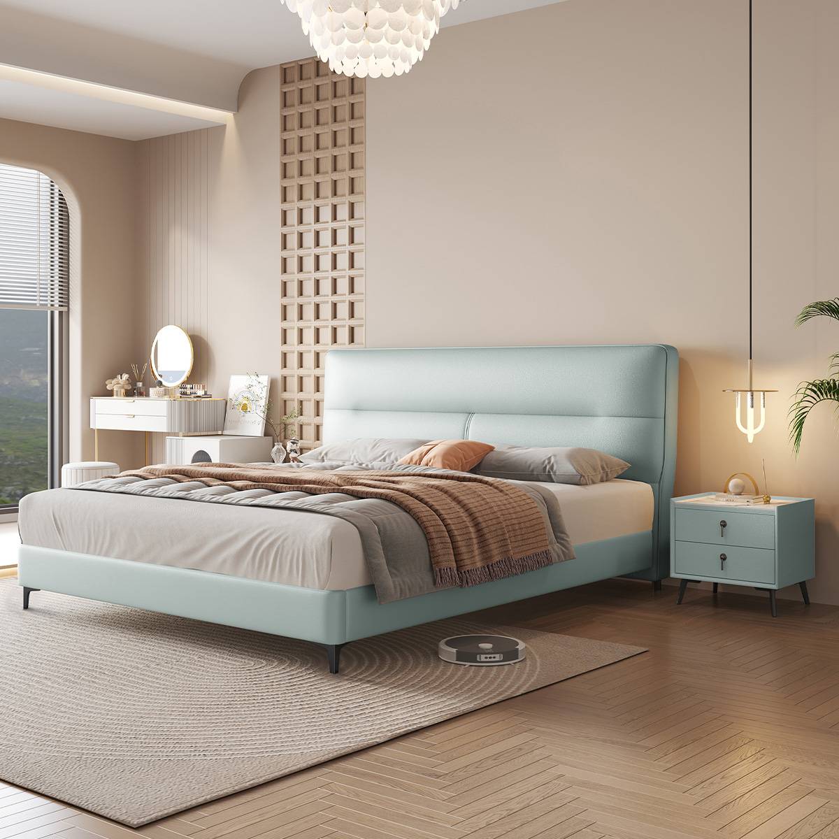 Light blue upholstered bed in a modern bedroom setting