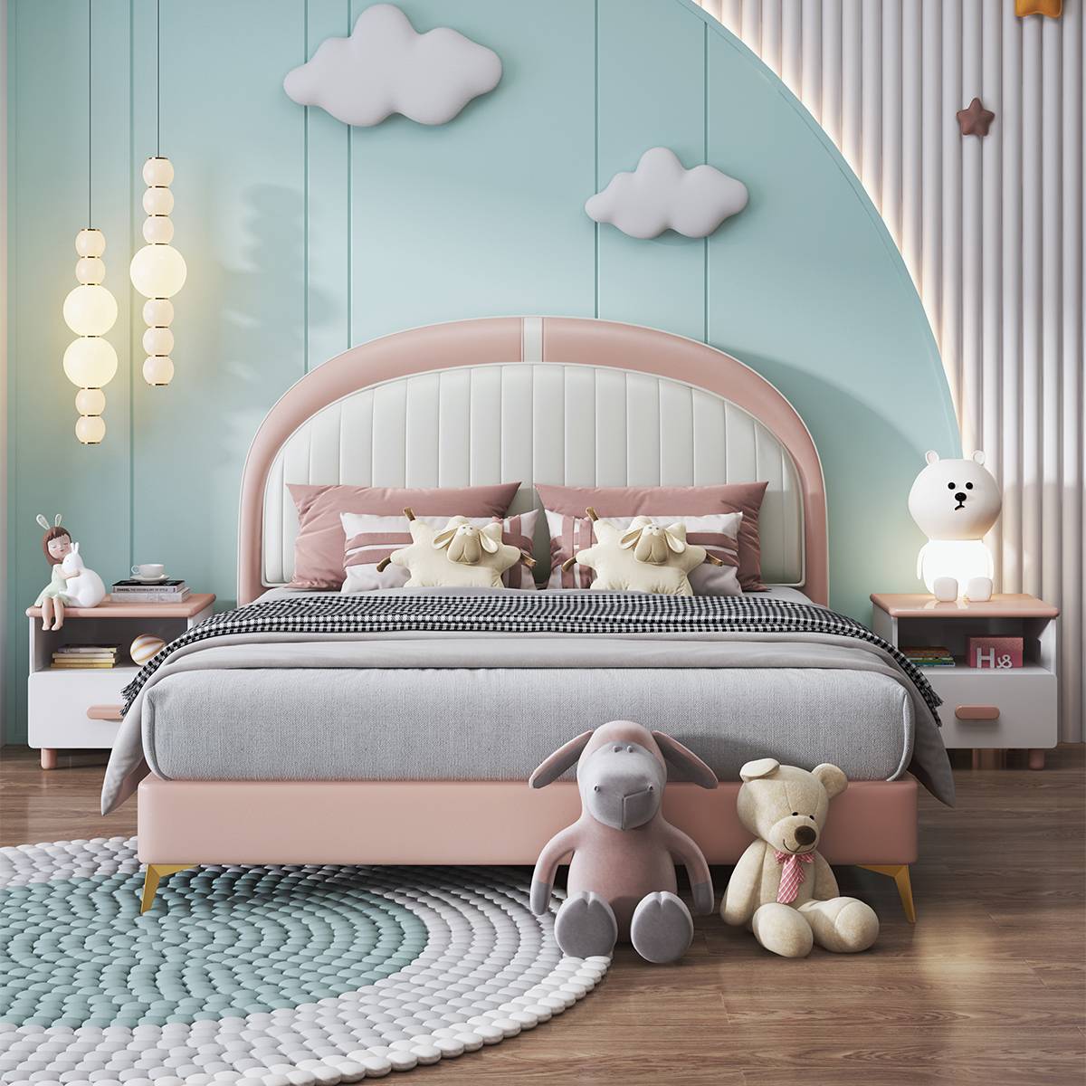 Pink and white upholstered children's bed in a modern bedroom setting
