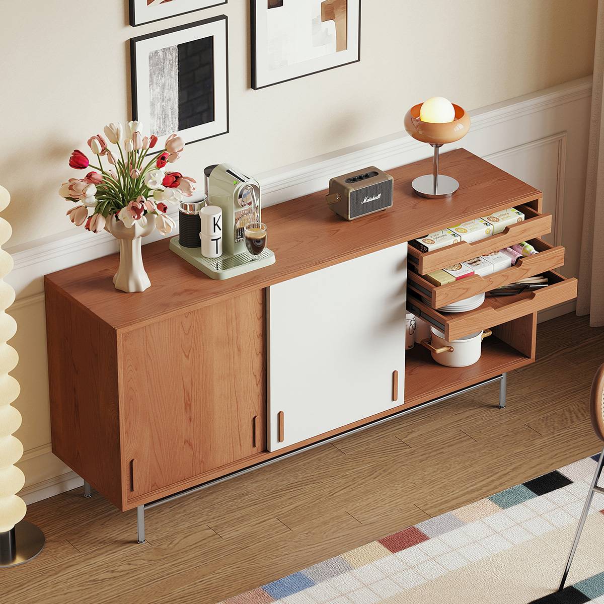 Angled view showing the open drawers of the sideboard