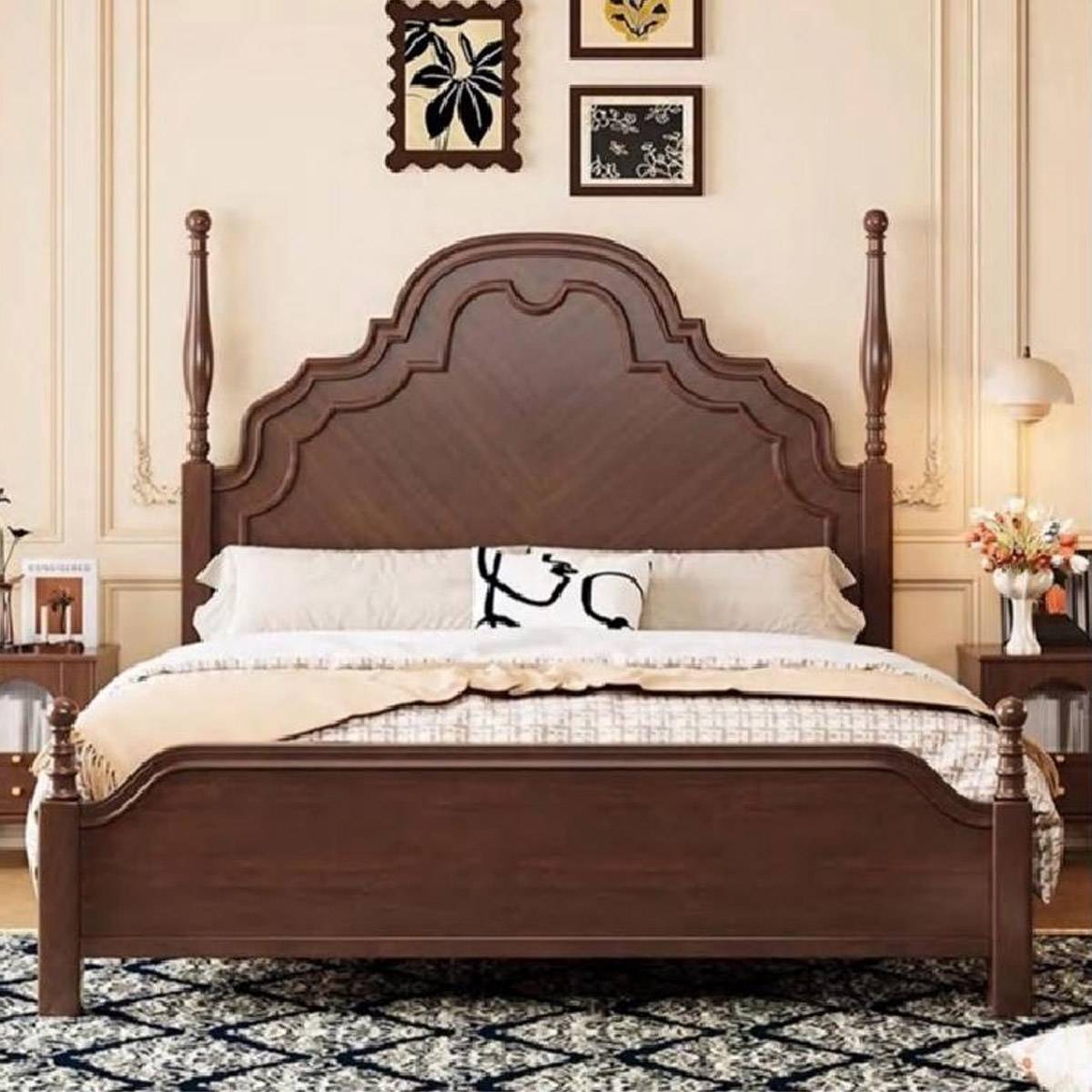 Front view of the mid-century solid wood bed showing the arched headboard detail