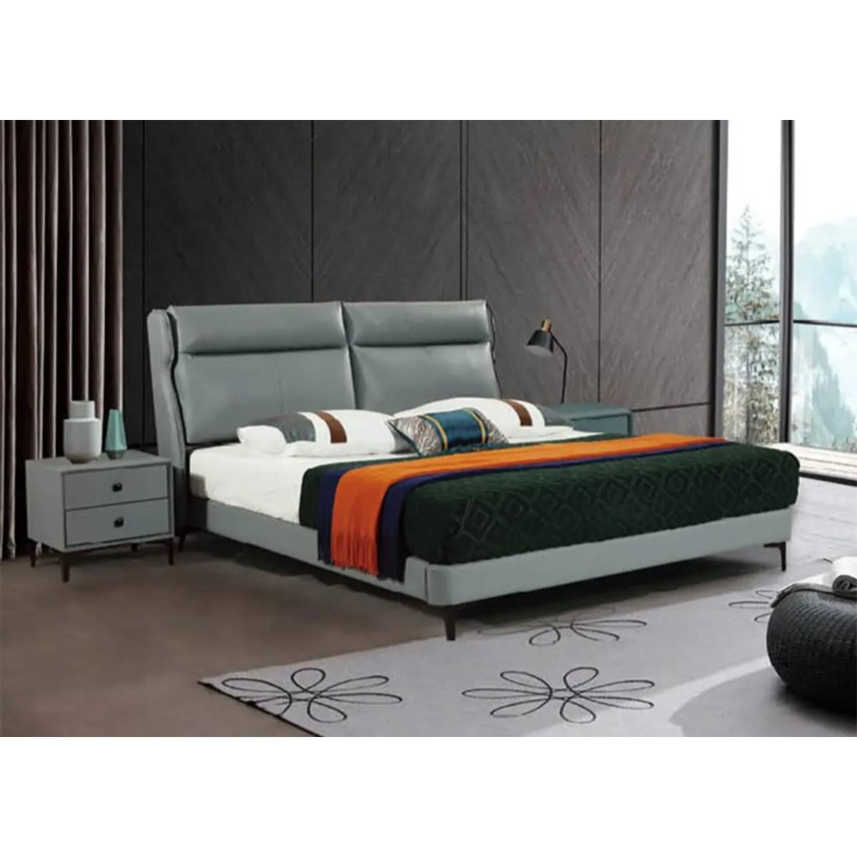 Grey upholstered bed with solid wood frame and high-resilience foam headboard