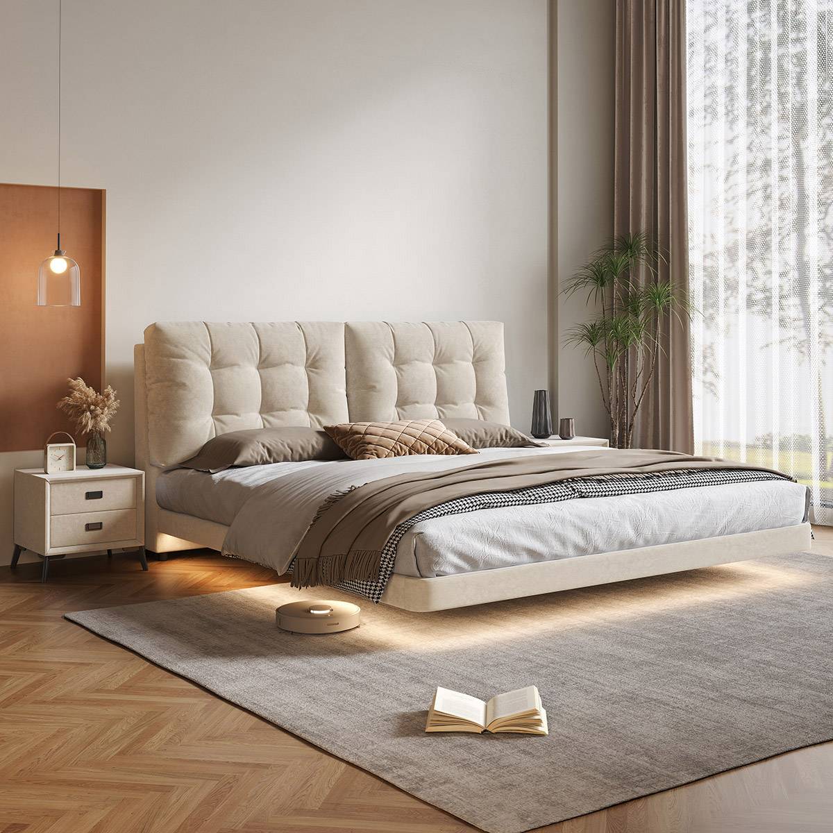 Beige tufted floating bed in a modern bedroom setting with pendant light and rug
