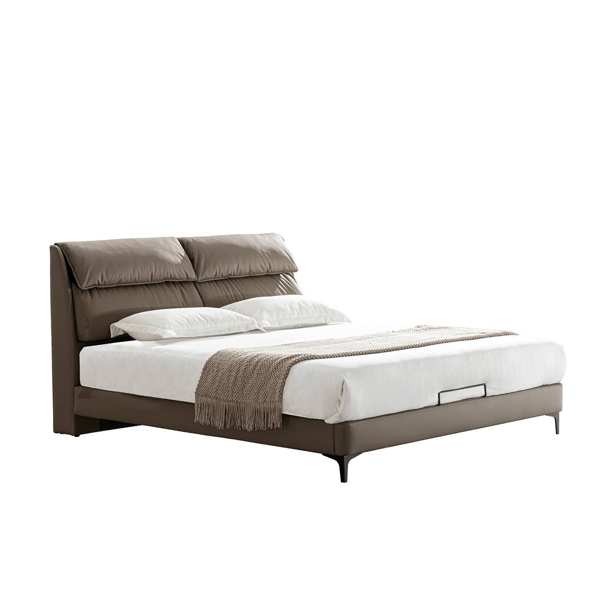 Angled view of the brown leather upholstered bed showing the side profile and headboard.
