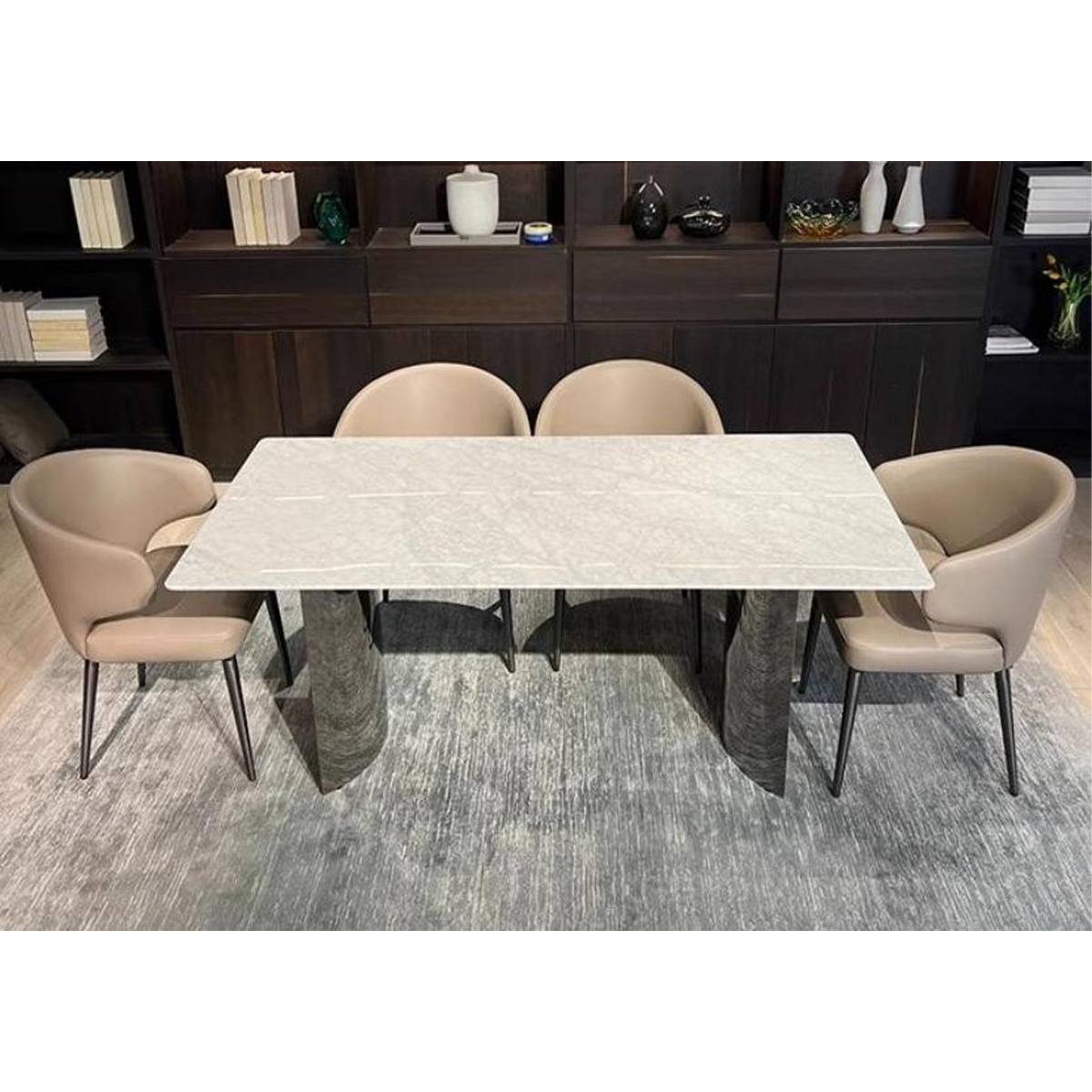 Front view of the dining table with beige chairs